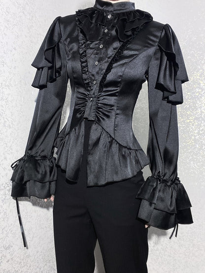 Black Shoulder Ruffle Panels Lolita Blouse with Aristocrat Cascading Ouji