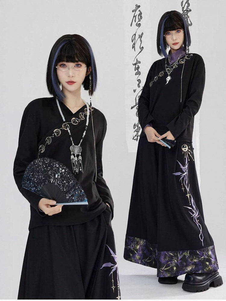 Lunar Embroidery Cross Style Long - Phase Cheongsam Top Collar Sleeve Black Unisex