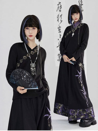 Lunar Embroidery Cross Style Long - Phase Cheongsam Top Collar Sleeve Black Unisex