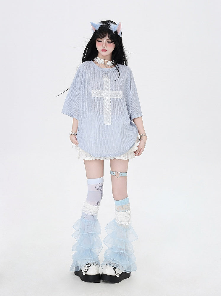 Light Blue Cross Applique Loose T-Shirt