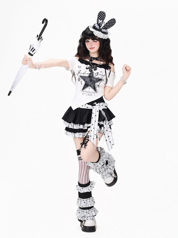 Sweet Edgy Kawaii White & Black Tiered Skirt with Star Print and Waist Tie + Matching Leg Warmers Set - CRAZY GIRL