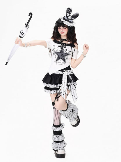Sweet Edgy Kawaii White & Black Tiered Skirt with Star Print and Waist Tie + Matching Leg Warmers Set - CRAZY GIRL