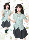 Green Plaid Short Sleeve Shirt with Kitty Embroidery - Languid Park