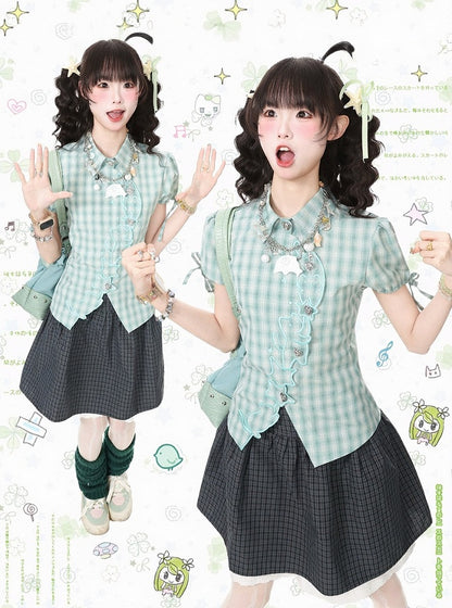 Green Plaid Short Sleeve Shirt with Kitty Embroidery - Languid Park