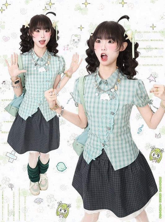 Green Plaid Short Sleeve Shirt with Kitty Embroidery - Languid Park