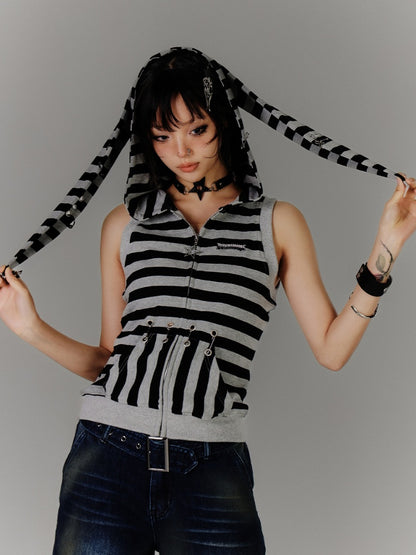 Vintage Bunny Ear Design Kapuze Y2K Tank Top Schwarz Grau Streifen