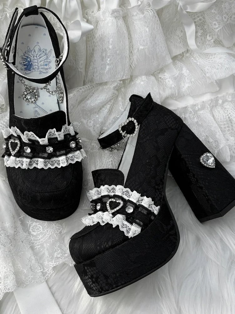 Heels: Jirai Chunky Lace with Black 12cm Heel Block Platform Kei