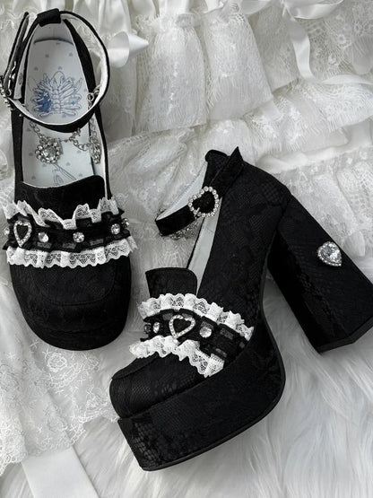 Heels: Jirai Chunky Lace with Black 12cm Heel Block Platform Kei