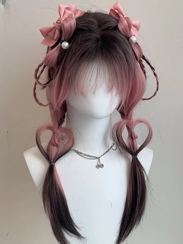 Rosa-schwarze Ombre-Unterbrust-Perücke in glatter Kunsthaarlänge mit Pony