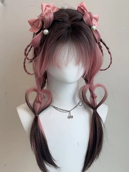 Rosa-schwarze Ombre-Unterbrust-Perücke in glatter Kunsthaarlänge mit Pony