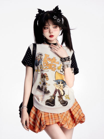 パピーオレンジチェック柄ドローストリングウエストプリントミニバブルスカート