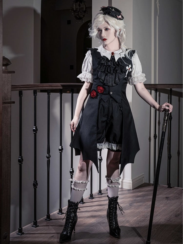 Schwarze Lolita-Shorts von Ouji Fashion mit weißen Bündchen und Spitzenbesatz