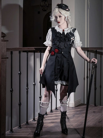 Schwarze Lolita-Shorts von Ouji Fashion mit weißen Bündchen und Spitzenbesatz