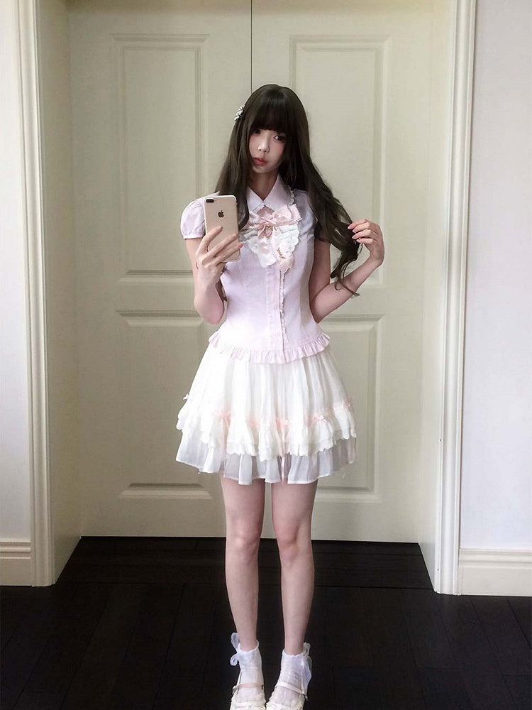 Pink Details Lace Blouse Seiso-Kei Ruffle Short Sleeve Striped With Bow Style