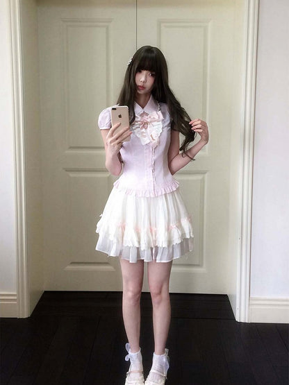Pink Details Lace Blouse Seiso-Kei Ruffle Short Sleeve Striped With Bow Style