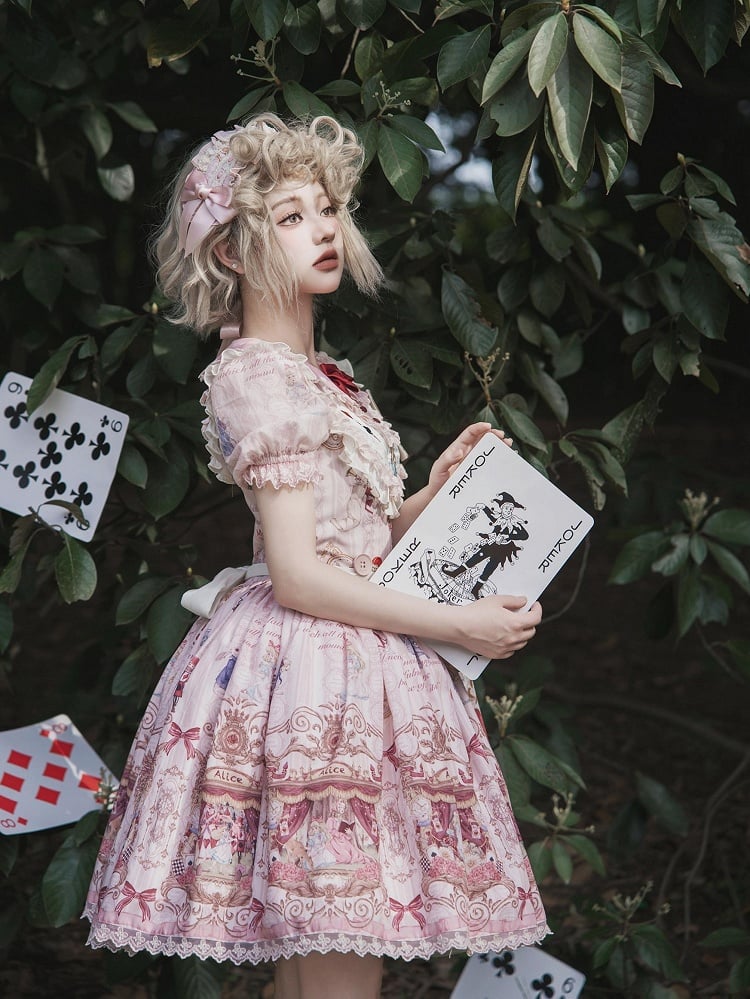 Rose Alice in Wonderland Theme Print Polka-dot Collar Sweet Gown - Forest Fairy Tales