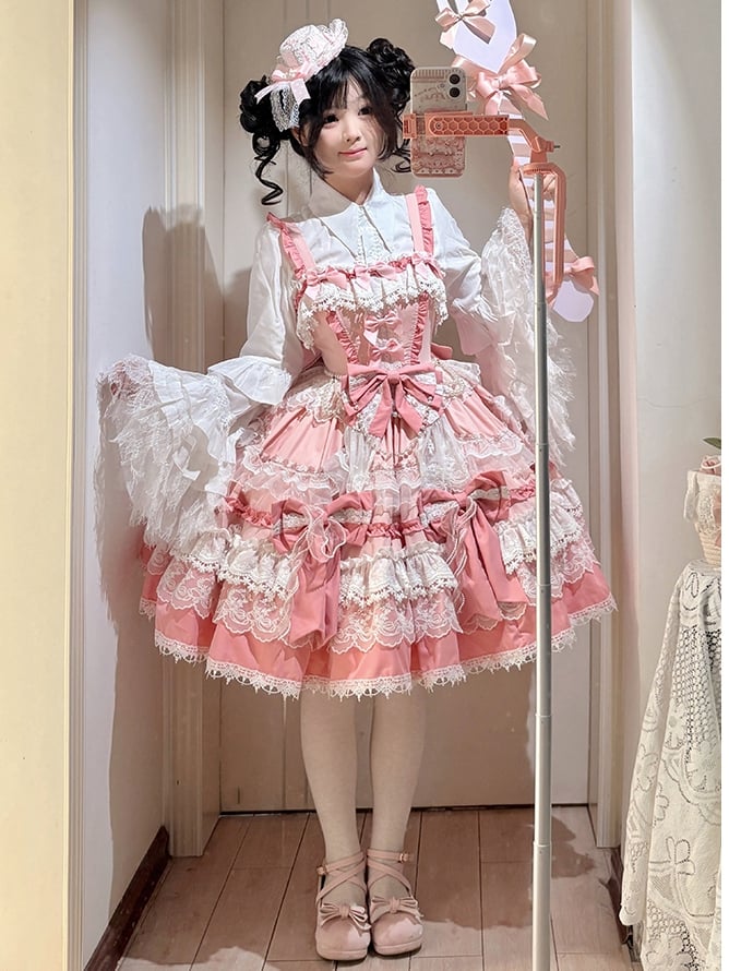 Pink Bead Sweet Dress Details Bows Detachable and Lolita Tiered Skirt