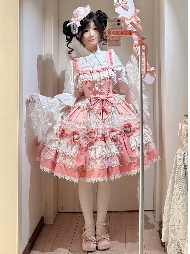 Skirt and Sweet Bead Lolita Dress Detachable Details Pink Tiered Bows