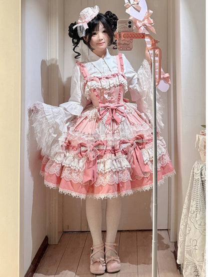 Skirt and Sweet Bead Lolita Dress Detachable Details Pink Tiered Bows