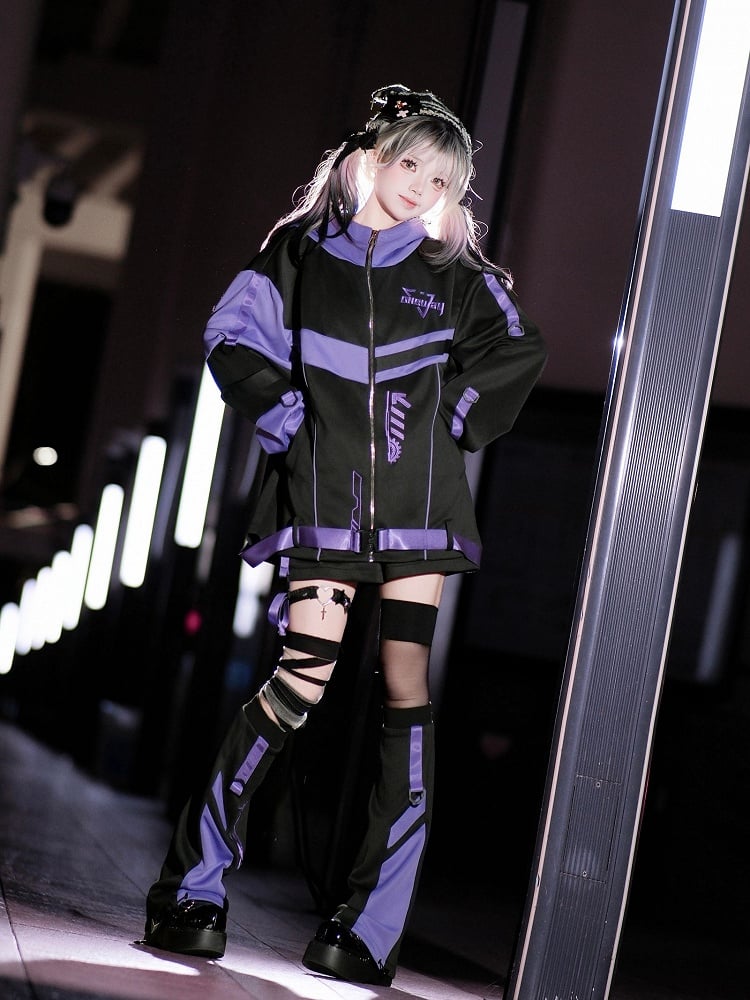 J-Style Futuristic Hooded Techwear in Landmine - Purple Jacket Black Outfit
