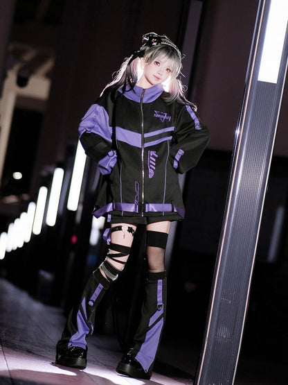 J-Style Futuristic Hooded Techwear in Landmine - Purple Jacket Black Outfit