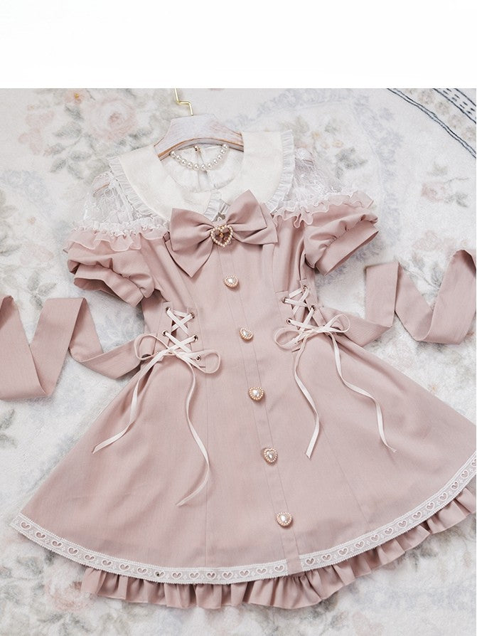 Spitzen-Outfit – Schnürung, Kei-Rüschenbesatz, Ärmel, kurze Jirai-Shorts in Pink + Oberteil mit Details