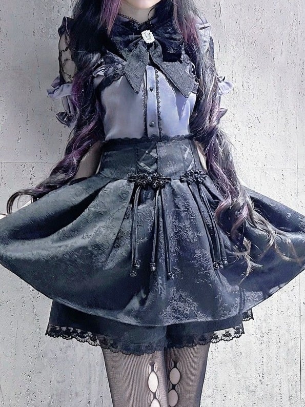 Jirai-Kei Black Jacquard High-Rise Skirt with Attached Shorts - Angel Share