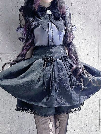 Jirai-Kei Black Jacquard High-Rise Skirt with Attached Shorts - Angel Share