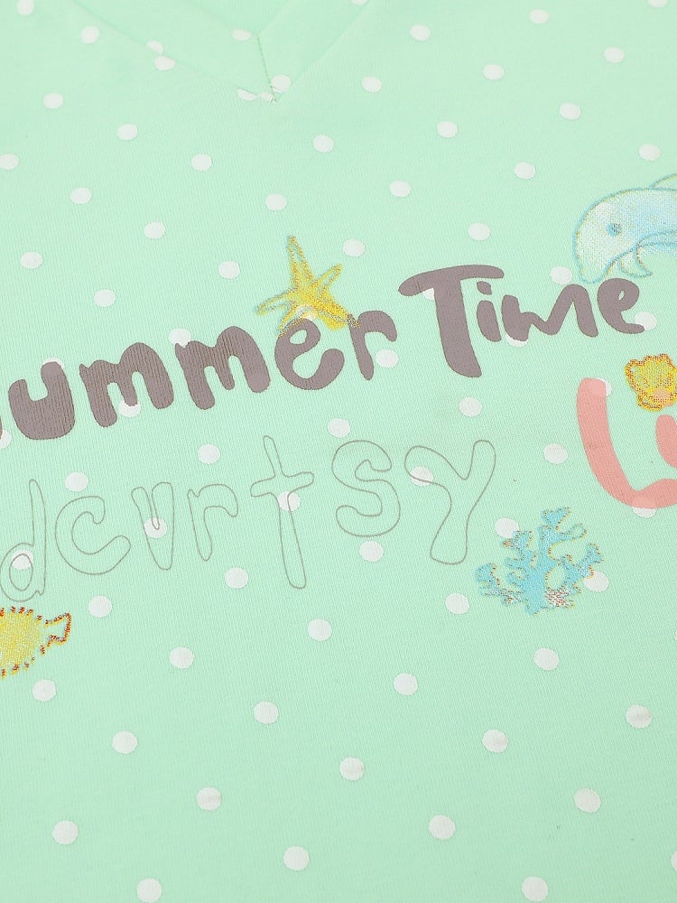 Green Summer Kawaii Letter Print V-Neck Short Sleeve T-Shirt with Starfish Necklace - Languid Park