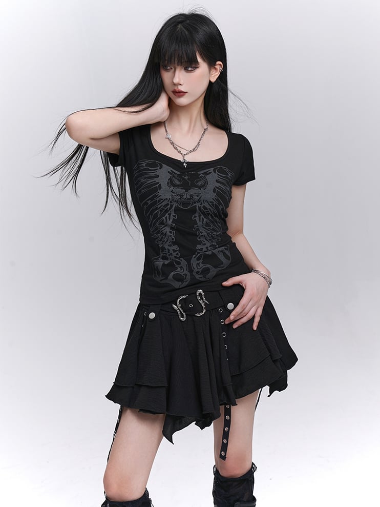 Asymmetrical Hem Tiered Skirt with Black Serpentine Belt