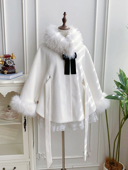 Detachable Lining Coat Fleece Cape with Fur Winter Lolita Collar White
