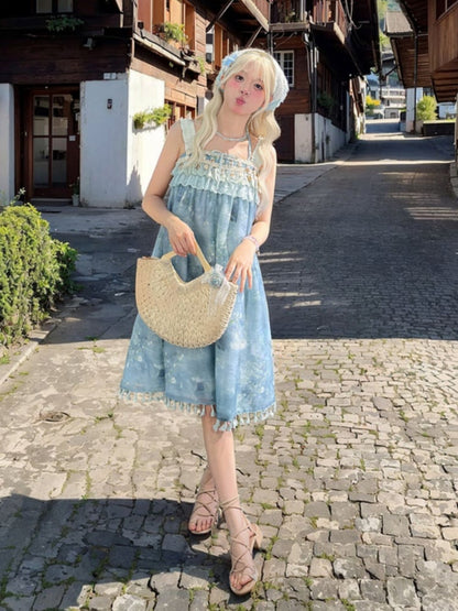 Dye Tie Charm Blue Sleeveless Dress Ruffles Bohemian Tassel Hem Shell Tiered