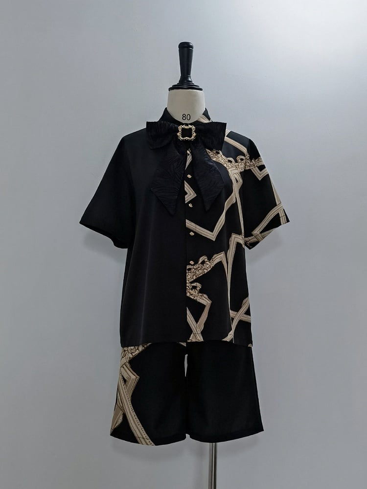 ロリータシャツプリントリボンフレーム付きブラックアシンメトリー王子ネクタイ