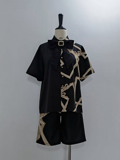 ロリータシャツプリントリボンフレーム付きブラックアシンメトリー王子ネクタイ