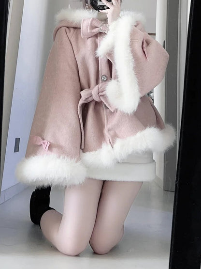 Plush-Trimmed Pink Cape Coat - Jirai Kei Pure Style with Detachable Bunny Ears & Bow Accents