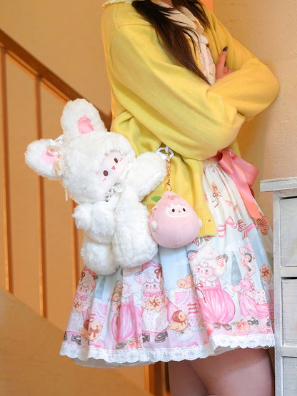 White Bag Backpack/Crossbody Keychain Plush Rabbit Backpack Bowknot +