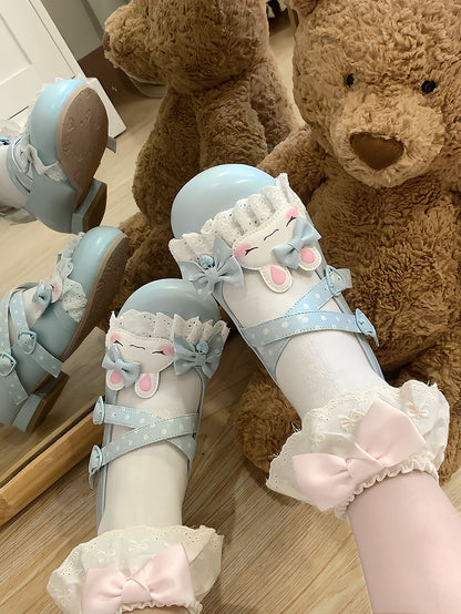 Sweet Design Crisscross Polka-dot Shoes Lolita Bunny Lace Applique Trim Pattern Details Bowknot Blue
