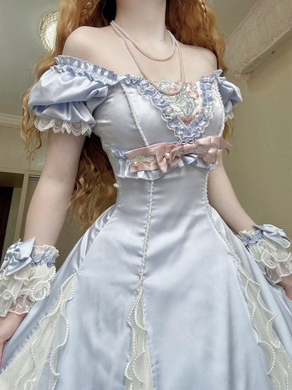 Blue Slim Fit Waist Floral Square Neckline Elegant Lolita Empire Dress BE005