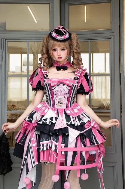 Jumper Embroidery Bunny Black Pink Lolita with Dress Skirt Sleeves Puff and Sweet Circus Detachable
