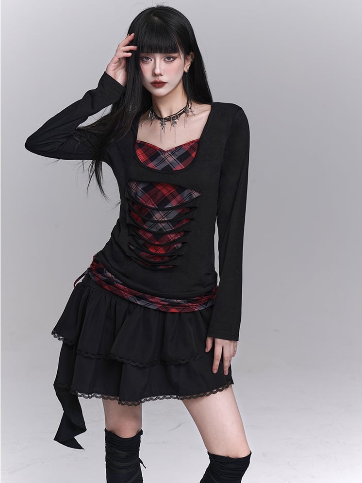 Sweetheart Neckline Distressed Holes Faux Two-pieces Red