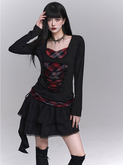 Sweetheart Neckline Distressed Holes Faux Two-pieces Red