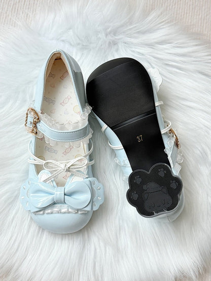 Lace Mary Shoes PU Ruffled in with Jane Details Mid-heel Blue