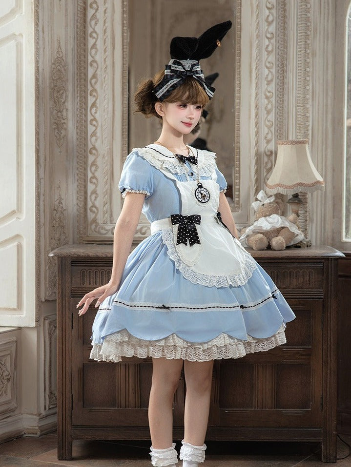 Blue and White Alice OP Dress with Apron - Sheep Puff Atelier