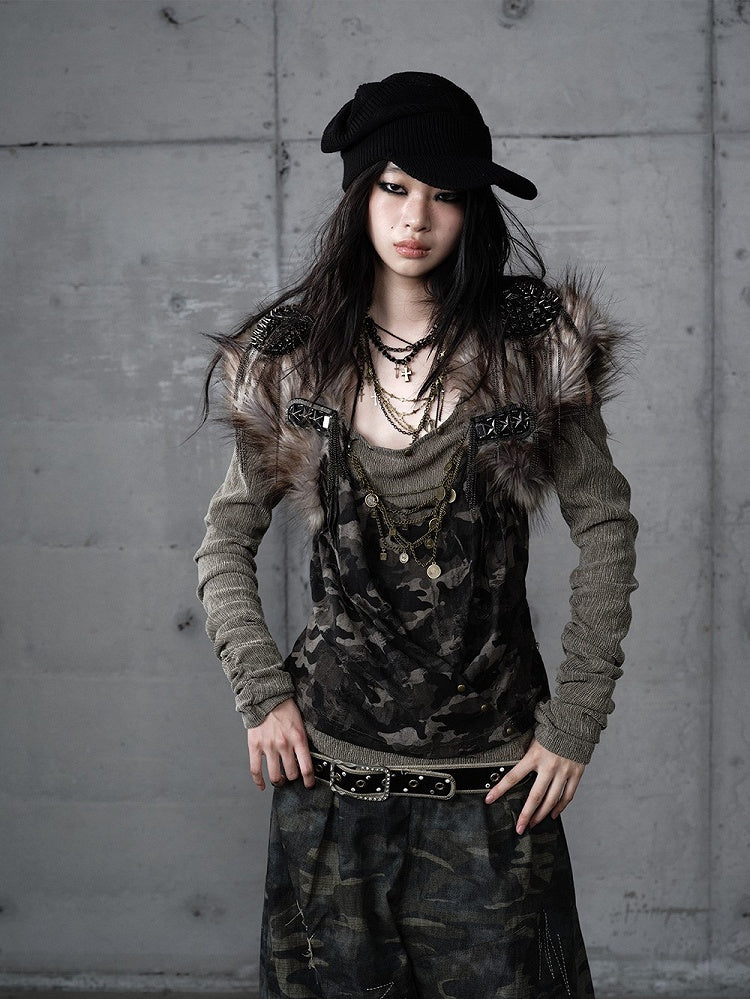 Studded Design Camo Accents Green Vintage Knit Cold-Shoulder Punk with Top