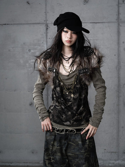 Studded Design Camo Accents Green Vintage Knit Cold-Shoulder Punk with Top