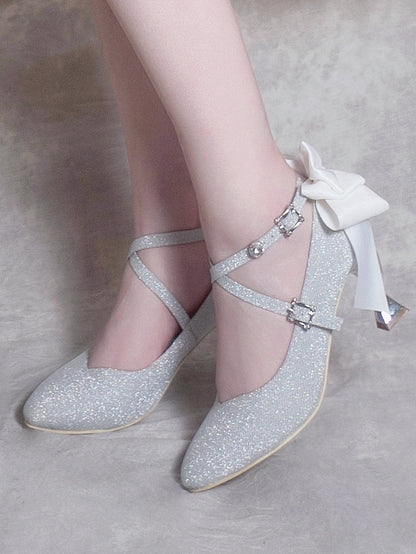 Toe Lolita PU Heels - High Silver Pointed Sparkling