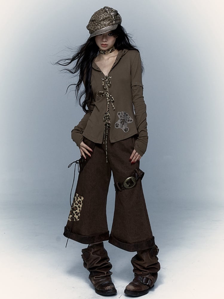 Punk Devil – Schokoladenbraunes Kapuzenoberteil mit abnehmbaren Ärmeln