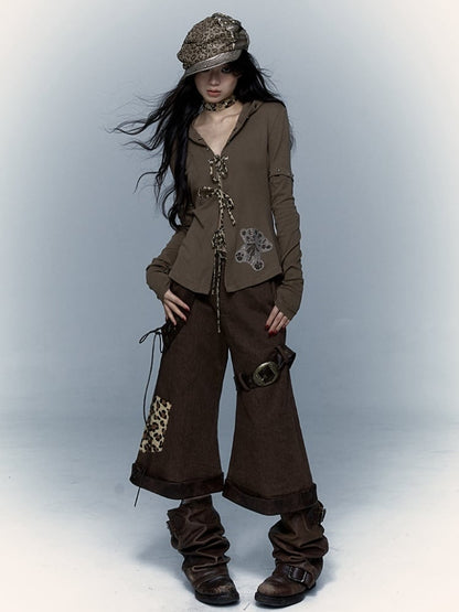 Punk Devil – Schokoladenbraunes Kapuzenoberteil mit abnehmbaren Ärmeln