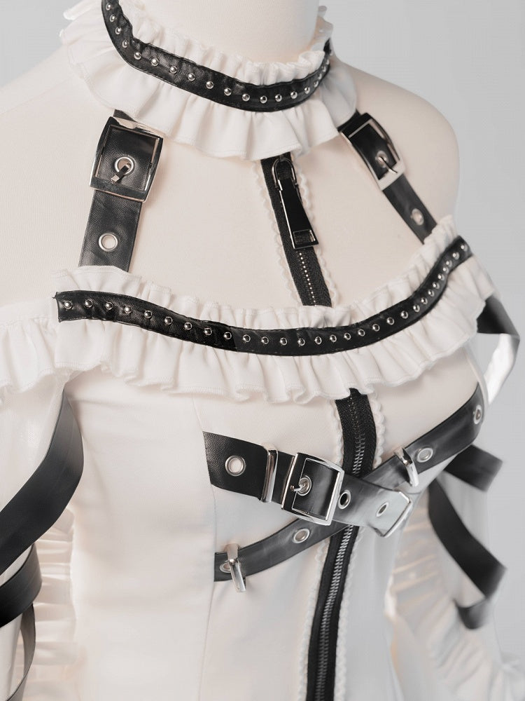 White Halter Flare Long-Sleeve Dress with Leather Straps & Shorts Set - Bunny Rush