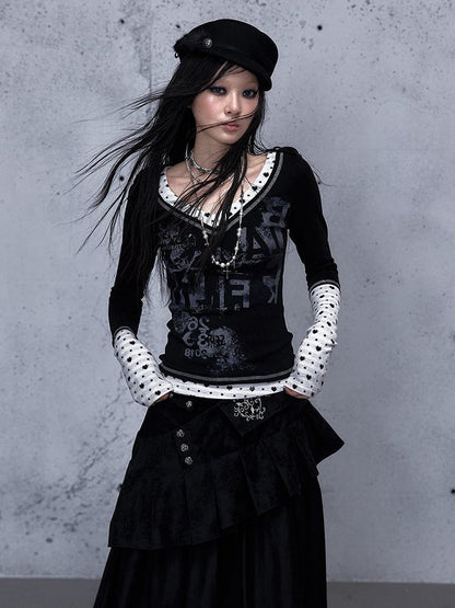 Rock Black Print Details V-neck - Top Punk Shoulder Button Sleeve Long Number